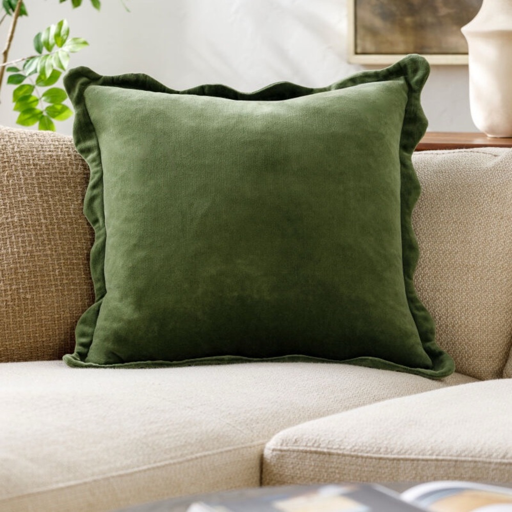 Surya Effervescent 20x20 Green Velvet Throw Pillow cover | Scalloped Edge Luxury